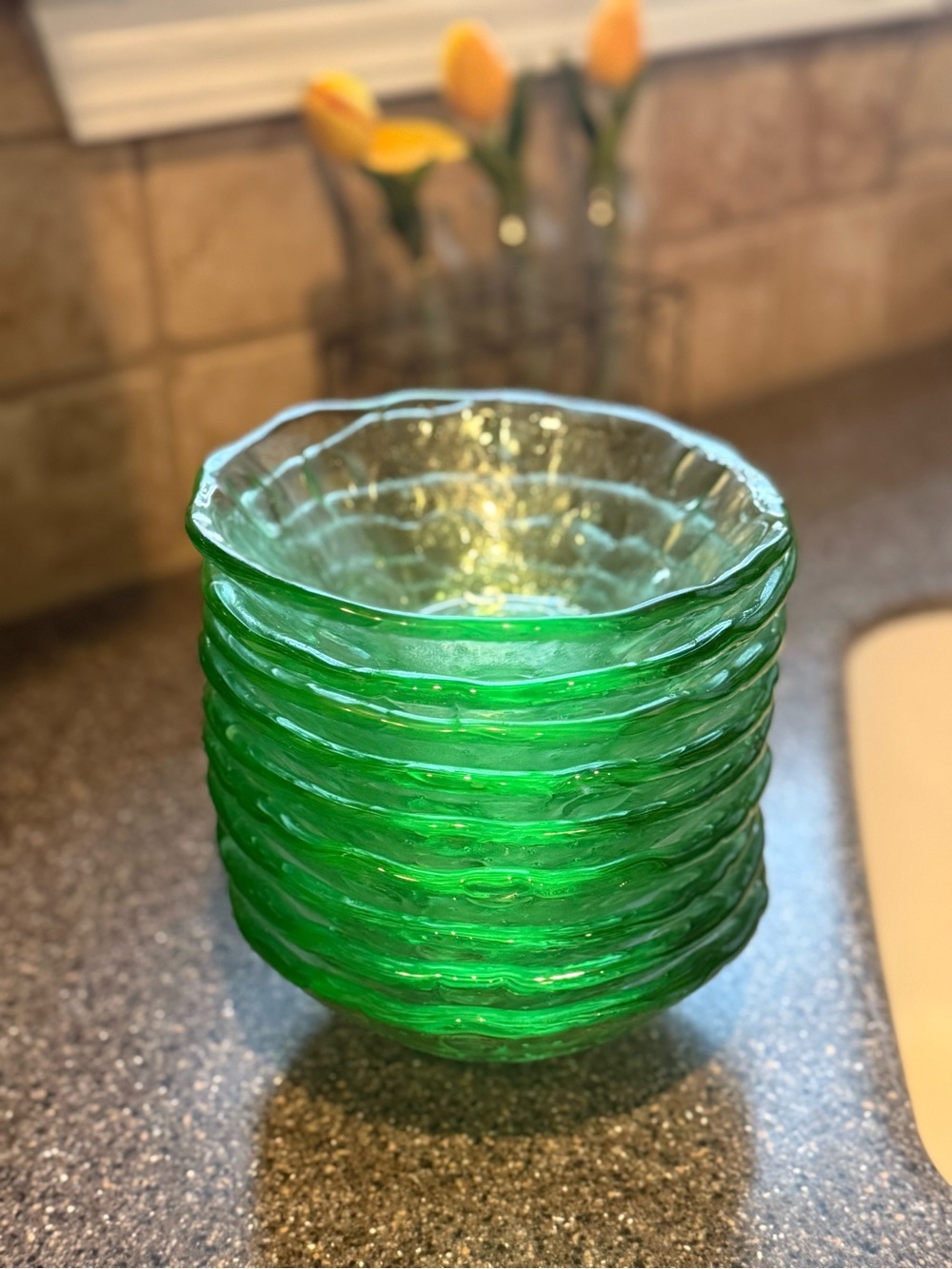 Rare Set of 9 Vintage Catalonian Emerald Green Coin Dot Glass Bowls 6”